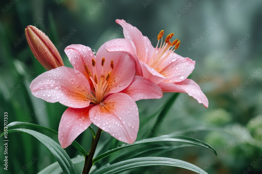 Obraz premium Two pink lilies blooming in the garden with water drops