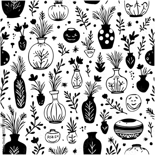 Seamless decorative pattern featuring various black vases and floral elements on white backdrop