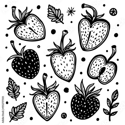 Stylized black and white strawberry illustration, perfect for organic design, patterns or culinary themes