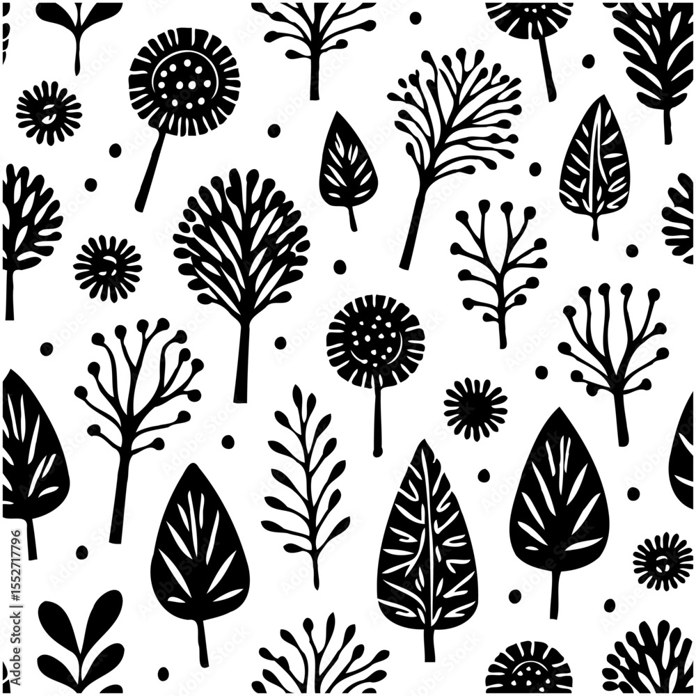 Fototapeta premium Whimsical woodland: a seamless pattern of illustrated plants in black and white