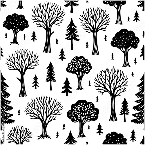 Seamless woodland pattern with diverse trees silhouettes for backgrounds and designs