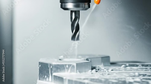 Milling Machine Cutting Metal Block with Coolant Fluid Close Up