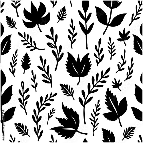 Monochrome seamless pattern of botanical elements with leaves and branches