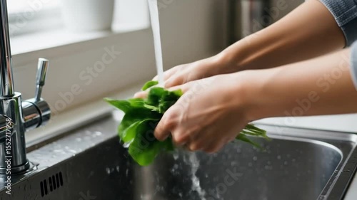 Washing Fresh Green Lettuce Under Running Water in Sink Cleanly