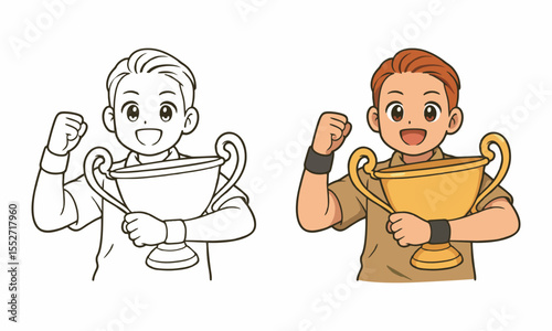man holding golden trophy coloring page for kids