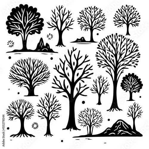Black and white vector drawing of deciduous trees in various shapes and sizes