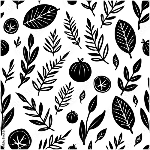 Seamless botanical pattern with leaves and fruits in black and white for design projects