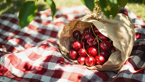 Bag of Cherries on Blanket, Freshly Harvested Cherries in Paper Bag on Picnic Blanket – Sweet Summer Fruit from Cherry Farming for Seasonal Blog Posts, Orchard Promotions, and Healthy Eating Designs 