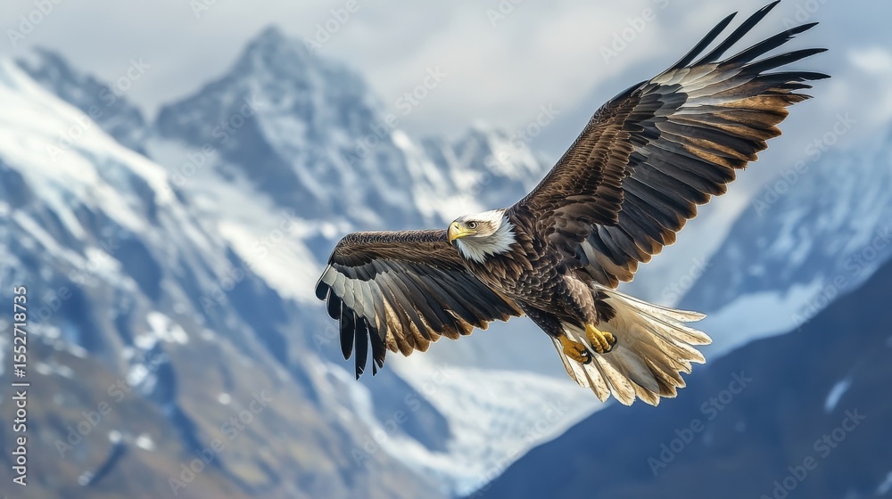 A Majestic Bald Eagle Soars Over Snowy Mountain Peaks A Majestic Bald Eagle Soars Over Snowy Mountain Peaks