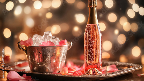 Bottle of rose Bubbly on Silver Tray, Bottle of Bubbly from French   Sparkling Wine Region – Ideal for Celebration Blogs, Luxury Branding, and Festive Beverage Promotions 