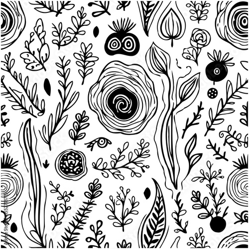 Hand-drawn floral seamless pattern with intricate details and monochromatic style