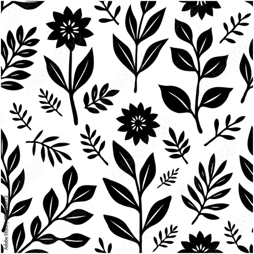 Elegant botanical vector pattern of stylized flowers and leaves in black and white