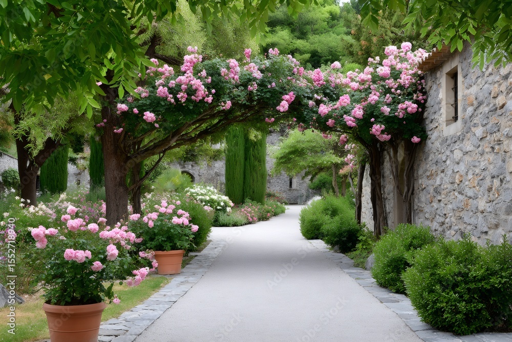 Fototapeta premium Pink climbing roses forming arch over garden path