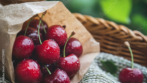 Bag of Cherries on Blanket, Freshly Harvested Cherries in Paper Bag on Picnic Blanket – Sweet Summer Fruit from Cherry Farming for Seasonal Blog Posts, Orchard Promotions, and Healthy Eating Designs 