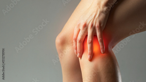 Woman suffering from knee pain, indicating sport trauma with hand on knee, on a gray background,   Medical article visuals, injury explanation, product ads, Pain relief promo, educational use, 