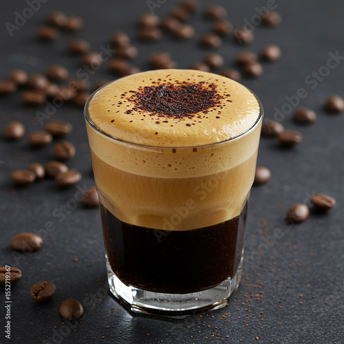 Close up of a layered coffee drink with foamy crema and coffee beans on a dark background