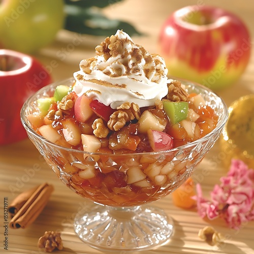 Delicious apple dessert with walnuts and whipped cream, a sweet and tasty treat