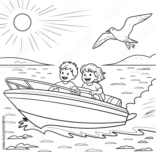 Children enjoying a boat ride on a sunny day with a seagull,Fishing boat in the ocean