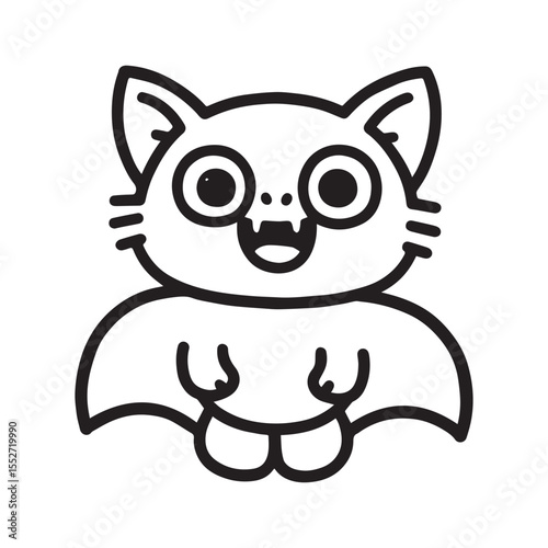 A black and white illustration of a small friendly bat with a wide smile. 