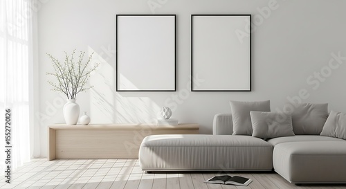 Modern living room interior with a light grey sectional sofa and two empty black framed picture mockups