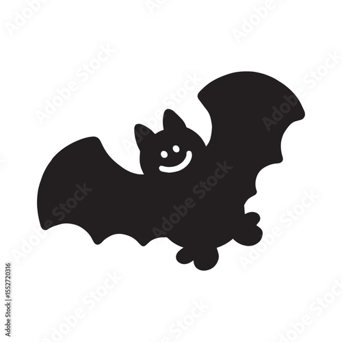 A black and white illustration of a small friendly bat with a wide smile. 
