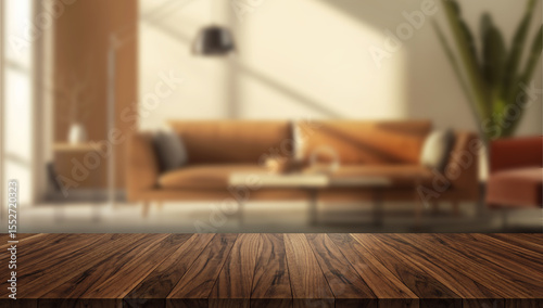 Tabletop scene with sharp wooden surface and blurred modern living room in the background. Ideal for lifestyle mockups.