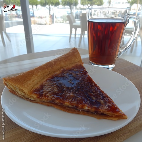 Delicious burek with a glass of tea on a bright table, indoor caf? setting