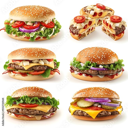 Delicious burger assortment on white background, perfect for food and restaurant promotion
