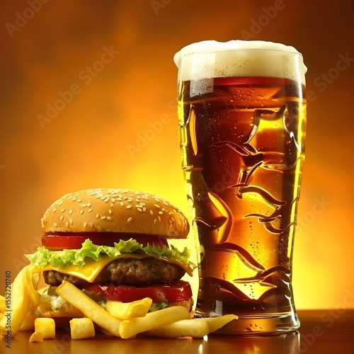 Delicious burger with crispy fries and refreshing beer for a perfect meal