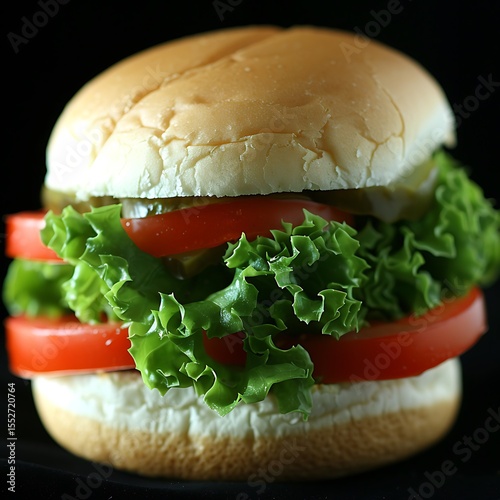 Delicious Burger with Fresh Ingredients on a Black Background Close-up Shot