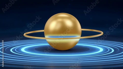 Animated Golden Sphere with Glowing Blue Ring Spinning in a Futuristic Dark Background