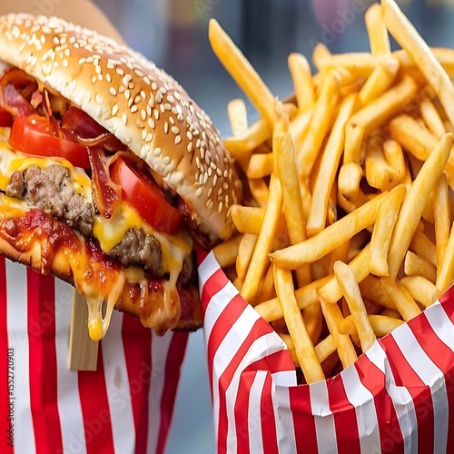 Delicious burger with melted cheese and crispy fries for a satisfying meal