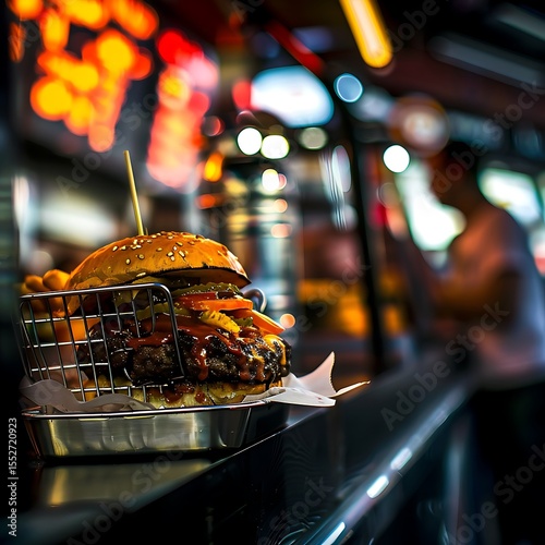 Delicious burger with fries served in metal basket at restaurant counter
