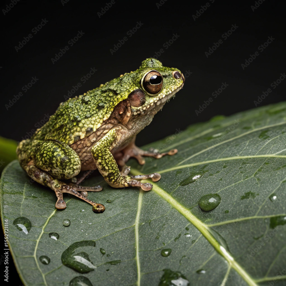 Fototapeta premium Close-up of a vibrant warty green frog on a plant stem, showcasing intricate details.