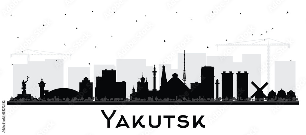 Obraz premium Yakutsk Russia city skyline silhouette with black buildings isolated on white. Yakutsk cityscape with landmarks. Business travel and tourism concept with modern and historic architecture.