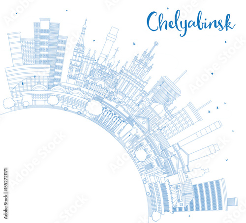 Outline Chelyabinsk Russia city skyline with blue buildings and copy space. Illustration. Chelyabinsk cityscape with landmarks. Tourism concept with modern and historic architecture.