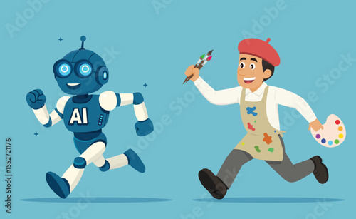 Joyful artist runs after a smiling AI robot. Fun cartoon style illustration. Creative chase between human imagination and artificial intelligence.