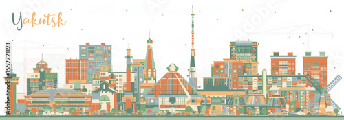 Yakutsk Russia city skyline with color buildings. Illustration. Yakutsk cityscape with landmarks. Business travel and tourism concept with modern and historic architecture.