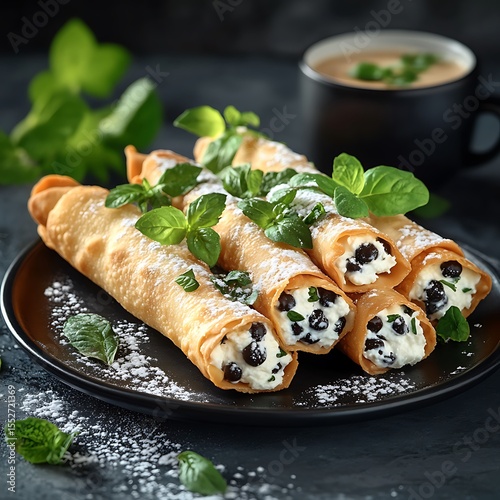 Delicious cannoli with ricotta cheese and chocolate chips garnished with mint leaves