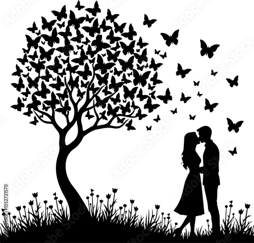 Romantic Couple Kissing Under Butterfly Tree Silhouette