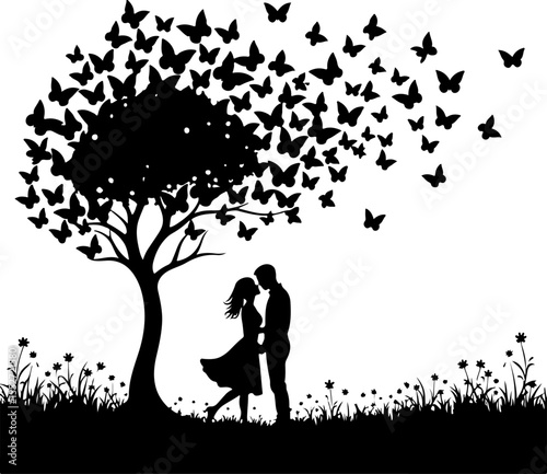 Romantic Couple Kissing Under Butterfly Tree Silhouette