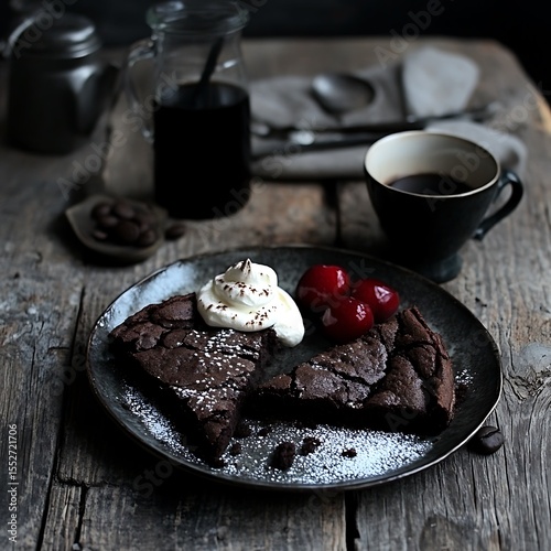 Delicious chocolate brownie with whipped cream and cherries, a sweet indulgence