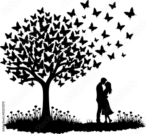 Romantic Couple Kissing Under Butterfly Tree Silhouette