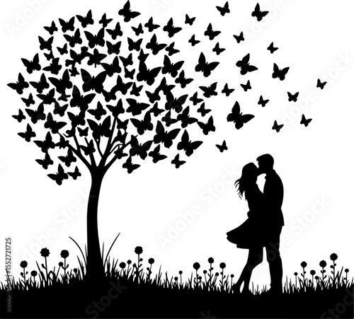 Romantic Couple Kissing Under Butterfly Tree Silhouette