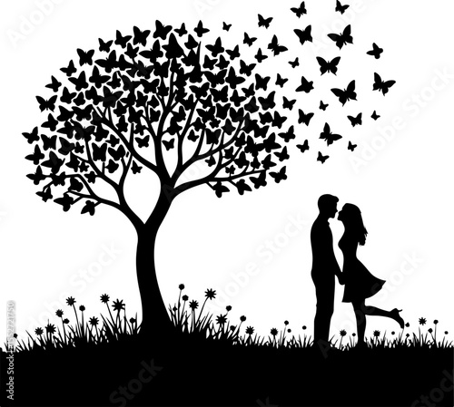Romantic Couple Kissing Under Butterfly Tree Silhouette