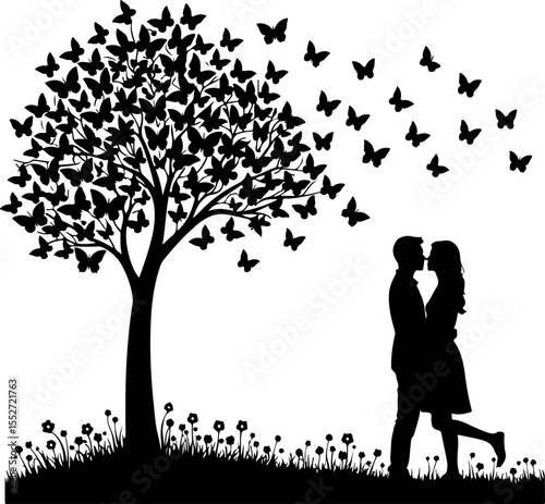 Romantic Couple Kissing Under Butterfly Tree Silhouette
