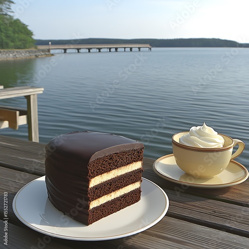Delicious chocolate cake and a cup of coffee at a lakeside vacation spot serenity