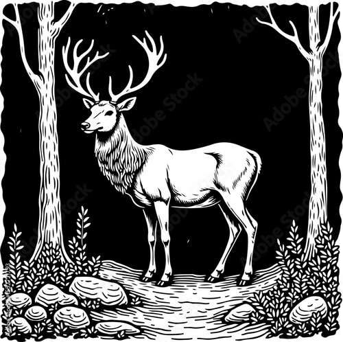 Deer Family in Forest with Floral Frame vector