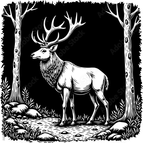 Deer Family in Forest with Floral Frame vector