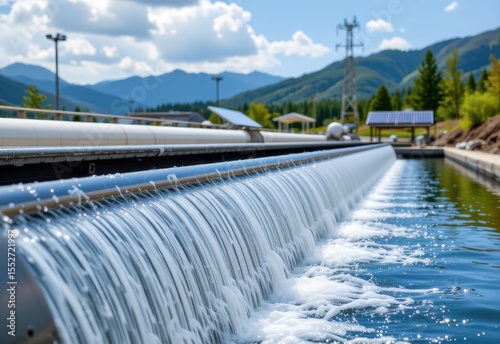 high tech membrane filtration in an industrial plant, clean treated water discharged into nature, mountain background, solar panels powering the system, eco landscape.